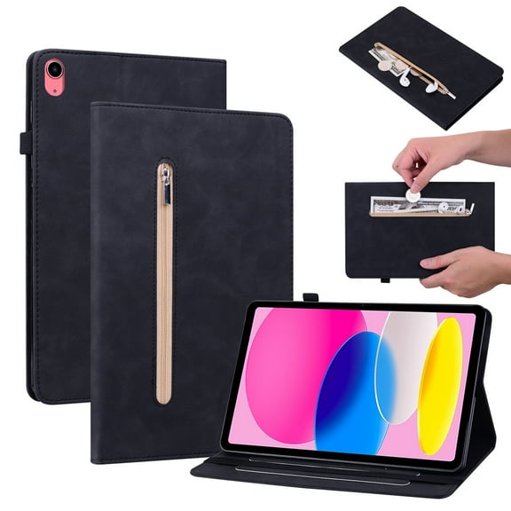 TECH CIRCLE Case for iPad 10th Generation 2022, PU Leather Shockproof Protective Card Slots Zipper Pocket Multiple Viewing Angles Stand Auto Wake/Sleep Wallet Case For Apple iPad 10th Gen,Black