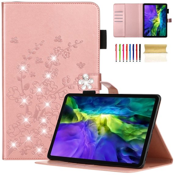 TECH CIRCLE Case for iPad 10th Generetion 2022,iPad 10.9 inch Case with Pencil Holder, Flower Emboss Rhinestone PU Leather Smart Auto Wake/Sleep TPU Back Protective iPad Wallet Stand Cover,Rosegold