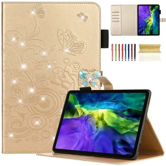 TECH CIRCLE Case for iPad 10th Generetion 2022,iPad 10.9 inch Case with Pencil Holder, Butterfly Rhinestone PU Leather Smart Auto Wake/Sleep TPU Back Protective iPad Wallet Stand Cover,Gold