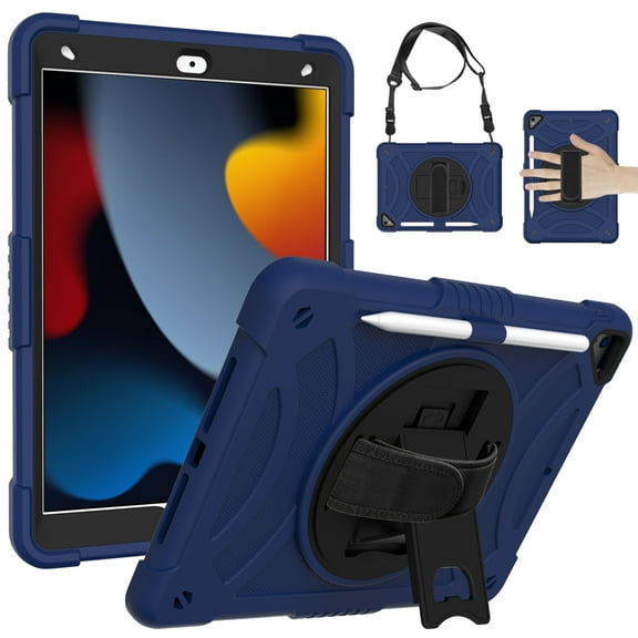 TECH CIRCLE Case for iPad (9th/8th/7th Generation) 10.2" - Durable Shockproof Rugged Case Shell with Adjustable Hand/Shoulder Strap & Pencil Holder, Protective Sturdy Stand Kids Cover, Dark Blue