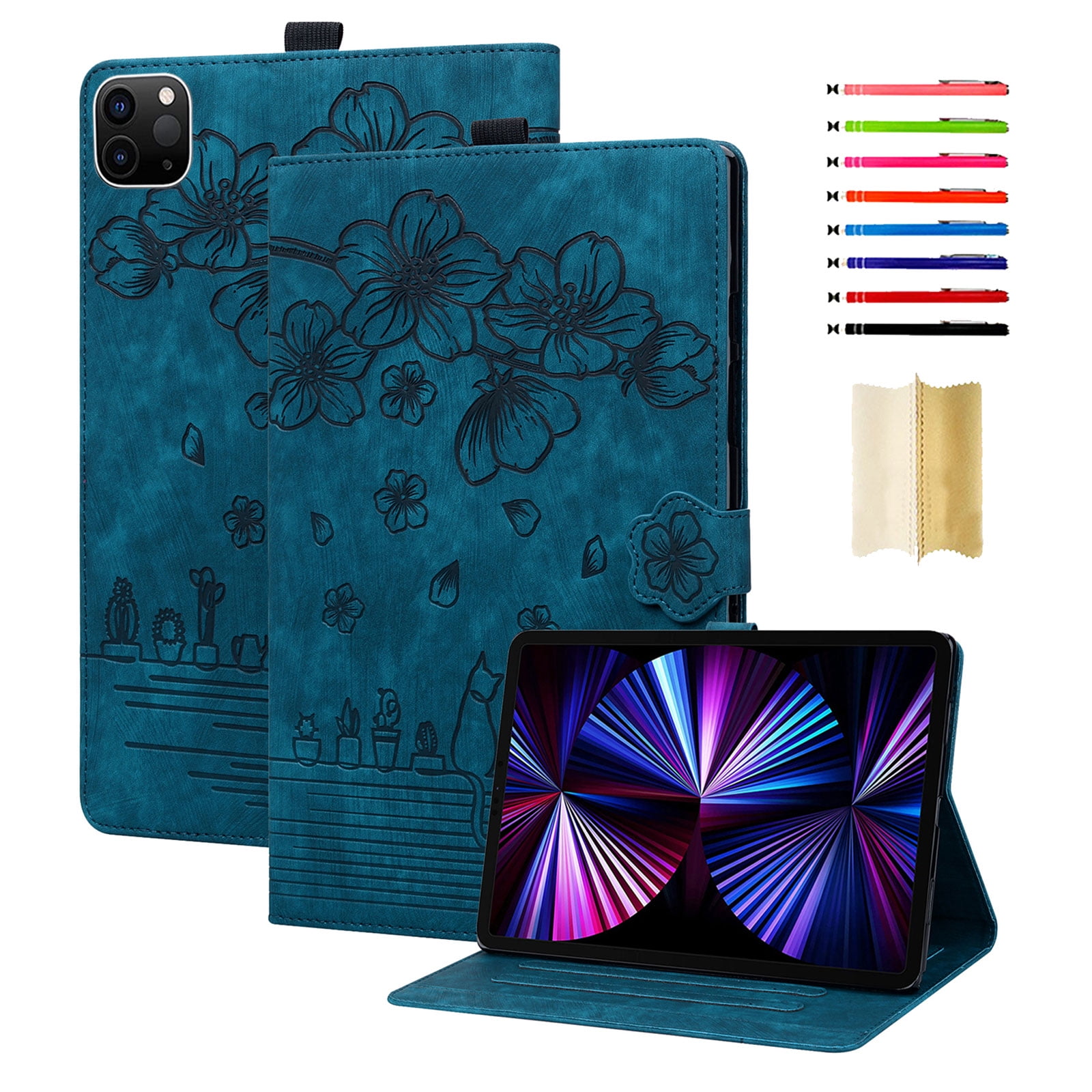 TECH CIRCLE Case for iPad Air 11 Inch M2 2024, iPad Air 5th/4th Case 2022/2020, iPad Pro 11 inch case, PU Leather Embossed Flower Folio Case with Pencil Holder Multi-Viewing Angles Stand Cover,Blue