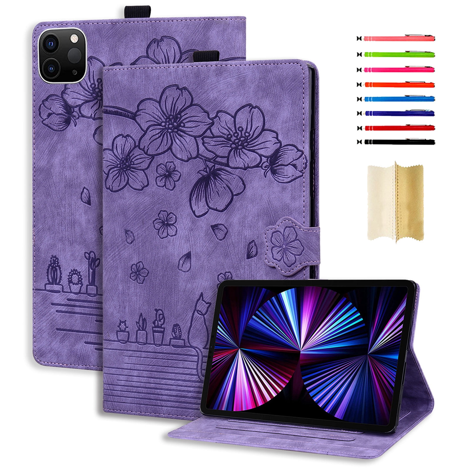 TECH CIRCLE Case for iPad Air 11 Inch M2 2024, iPad Air 5th/4th Case 2022/2020, iPad Pro 11 inch case, PU Leather Embossed Flower Folio Case with Pencil Holder Multi-Viewing Angles Stand Cover,Purple