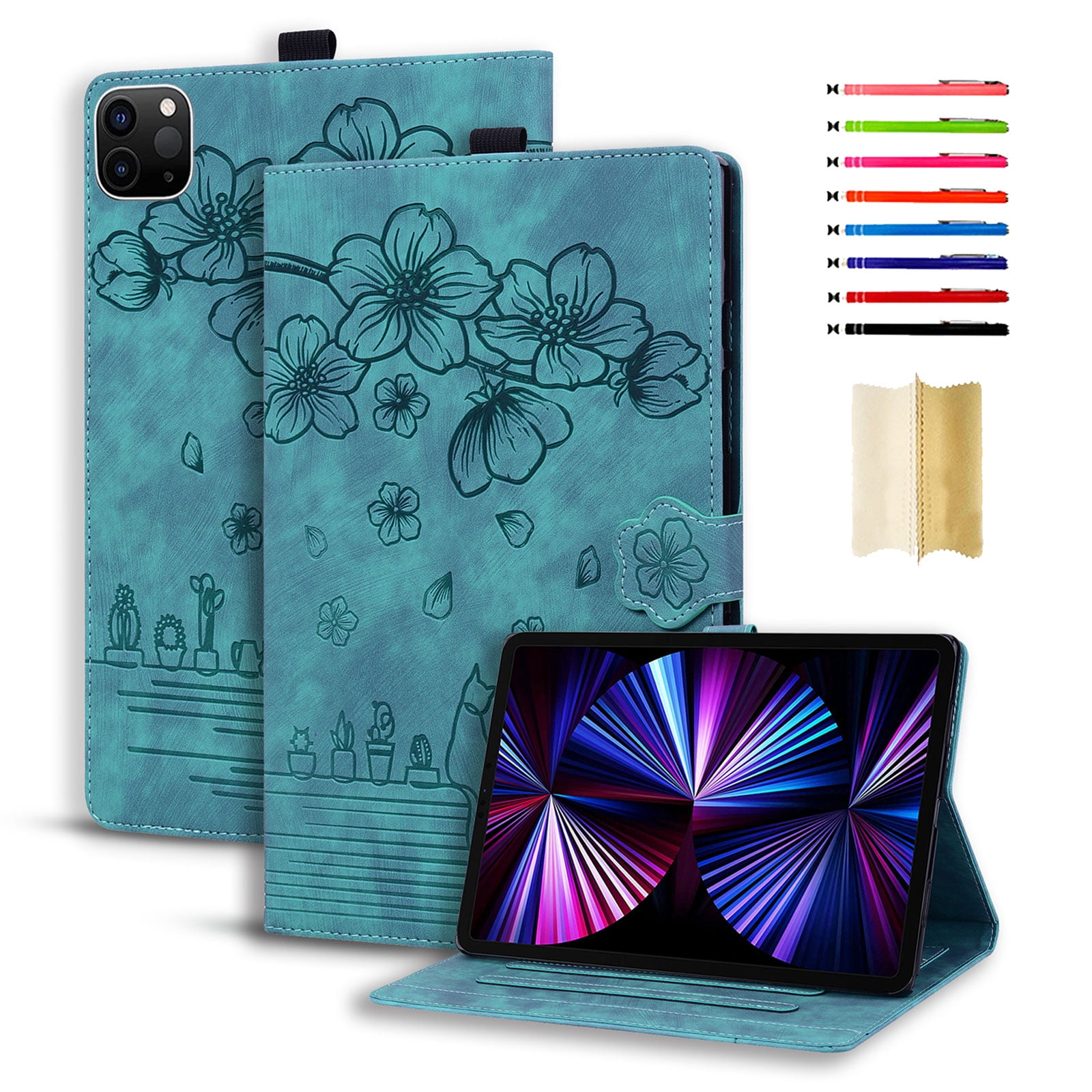TECH CIRCLE Case for iPad Air 11 Inch M2 2024, iPad Air 5th/4th Case 2022/2020, iPad Pro 11 inch case, PU Leather Embossed Flower Folio Case with Pencil Holder Multi-Viewing Angles Stand Cover,Green