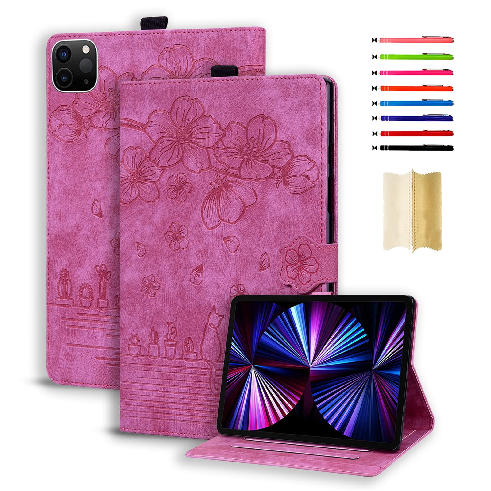 TECH CIRCLE Case for iPad Air 11 Inch M2 2024, iPad Air 5th/4th Case 2022/2020, iPad Pro 11 inch case, PU Leather Embossed Flower Folio Case with Pencil Holder Multi-Viewing Angles Stand Cover,Rose