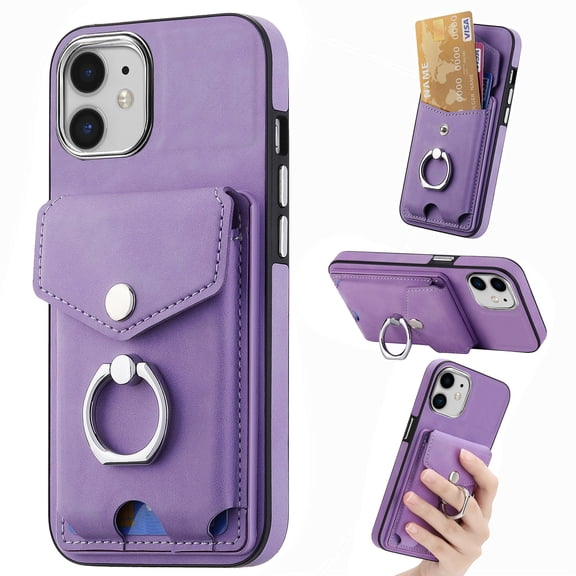 TECH CIRCLE Case for iPhone 11, [Built-in 2 Micro-SIM Card Slots] Slim Soft Shockproof Protective Cover with Ring Holder Stand + Card Holder Pocket + Eject Pin Holder - Lavender