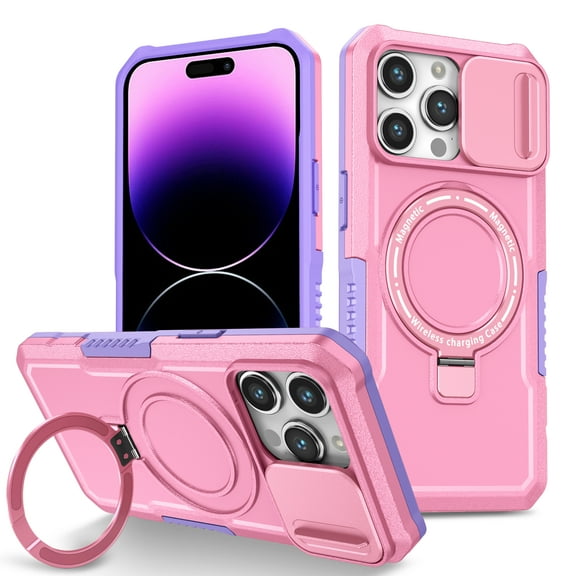 TECH CIRCLE Case for iPhone 12 Pro/iPhone 12 (6.1"), [Sliding Cover for Camera Protection] [Compatible with MagSafe] Shockproof Multifunctional Shell Case with Hidden Kickstand/Phone Ring Holder,Pink