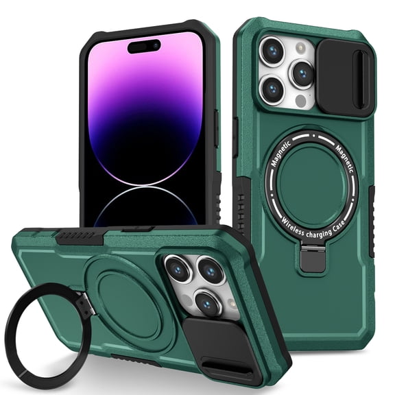 TECH CIRCLE Case for iPhone 12 Pro Max (6.7") - [Sliding Cover for Camera Protection] [Compatible with MagSafe] Shockproof Multifunctional Shell Case with Hidden Kickstand/Phone Ring Holder,Dark Green
