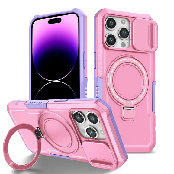 TECH CIRCLE Case for iPhone 13 (6.1") - [Sliding Cover for Camera Protection] [Compatible with MagSafe] Shockproof Multifunctional Shell Case with Hidden Kickstand/Phone Ring Holder,Pink