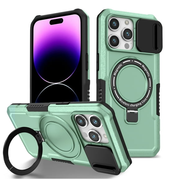 TECH CIRCLE Case for iPhone 13 (6.1") - [Sliding Cover for Camera Protection] [Compatible with MagSafe] Shockproof Multifunctional Shell Case with Hidden Kickstand/Phone Ring Holder,Light Green