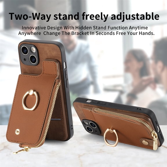 TECH CIRCLE Case for iPhone 13 Mini (5.4-inch) - Practical Wallet Phone Case [Built-in Zipper Pocket & Card Slot] Protective Leather Cover with [Kickstand / Phone Ring Holder], Brown