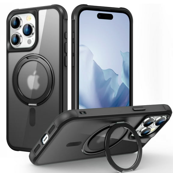 TECH CIRCLE Case for iPhone 13 Pro 6.1" 2021 - Translucent Back Sturdy Rotating Kickstand Shell Cover Compatible with MagSafe with Phone Ring Holder, Black