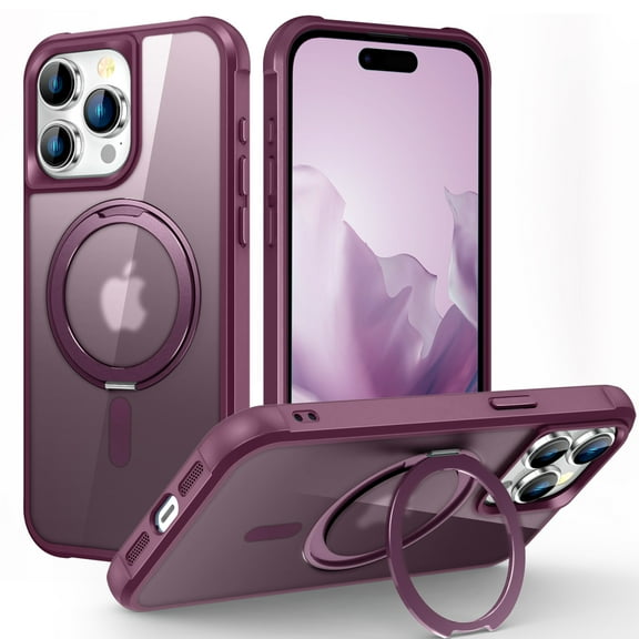 TECH CIRCLE Case for iPhone 13 Pro 6.1" 2021 - Translucent Back Sturdy Rotating Kickstand Shell Cover Compatible with MagSafe with Phone Ring Holder, Dark Red