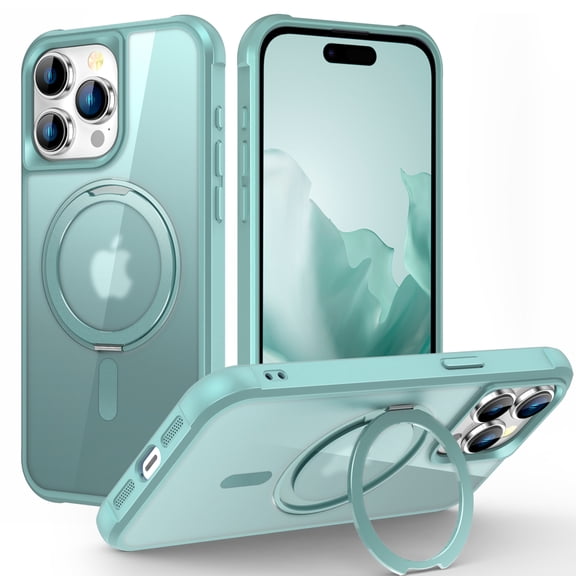 TECH CIRCLE Case for iPhone 13 Pro 6.1" 2021 - Translucent Back Sturdy Rotating Kickstand Shell Cover Compatible with MagSafe with Phone Ring Holder, Green