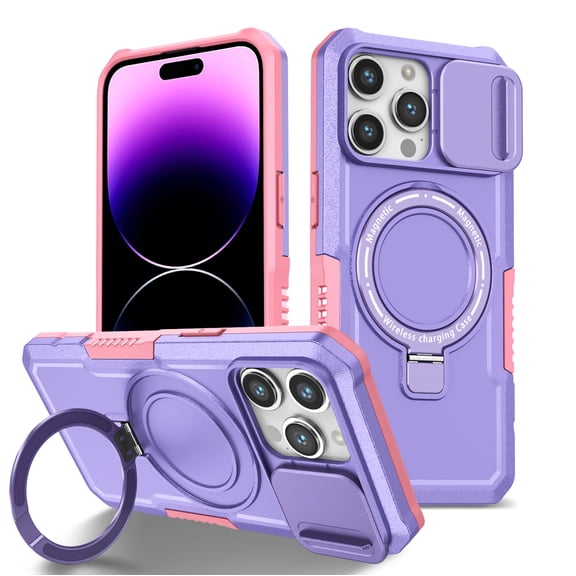 TECH CIRCLE Case for iPhone 13 Pro (6.1") - [Sliding Cover for Camera Protection] [Compatible with MagSafe] Shockproof Multifunctional Shell Case with Hidden Kickstand/Phone Ring Holder,Purple