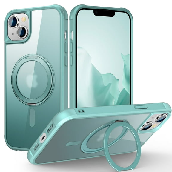 TECH CIRCLE Case for iPhone 14 6.1" 2022 - Translucent Back Sturdy Rotating Kickstand Shell Cover Compatible with MagSafe with Phone Ring Holder, Green