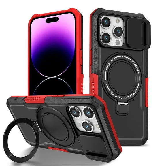 TECH CIRCLE Case for iPhone 14 (6.1") - [Sliding Cover for Camera Protection] [Compatible with MagSafe] Shockproof Multifunctional Shell Case with Hidden Kickstand/Phone Ring Holder,Red Black