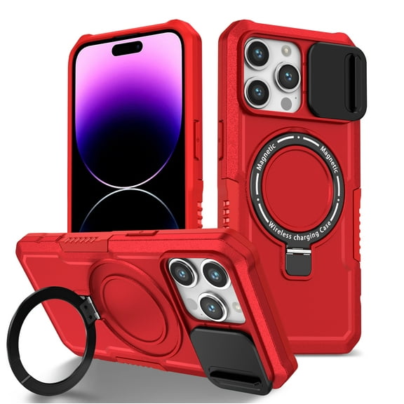 TECH CIRCLE Case for iPhone 14 Pro (6.1") - [Sliding Cover for Camera Protection] [Compatible with MagSafe] Shockproof Multifunctional Shell Case with Hidden Kickstand/Phone Ring Holder,Red