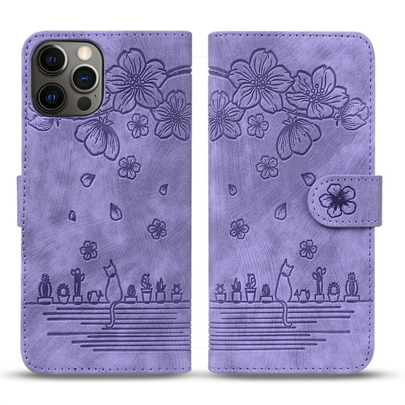 TECH CIRCLE Case for iPhone 14 Pro Max 6.7" 2022, iPhone 14 Pro Max Cover with Cat and Flowers Embossed for Kids, PU Leather Wallet Case with Wrist Strap Card Slots and Kickstand Flip Cover, Purple