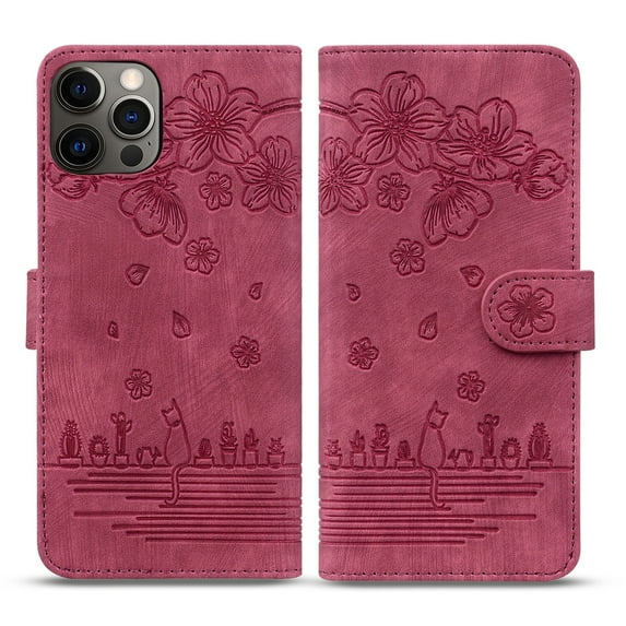 TECH CIRCLE Case for iPhone 14 Pro Max 6.7" 2022, iPhone 14 Pro Max Cover with Cat and Flowers Embossed for Kids, PU Leather Wallet Case with Wrist Strap Card Slots and Kickstand Flip Cover, Red