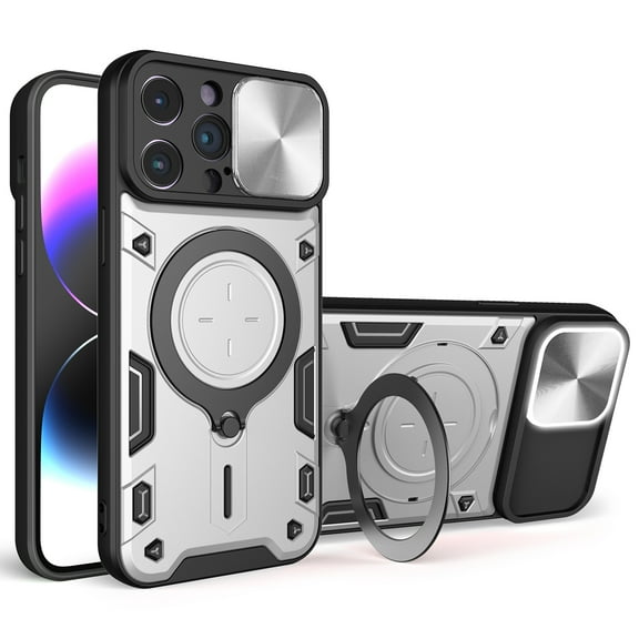 TECH CIRCLE Case For iPhone 14 Pro Max, Sliding Lens Protective Rugged Case with Rotating Stand Phone Ring Holder Lightweight Sturdy Shockproof Cover for Apple iPhone 14 Pro Max 6.7" 2022,Silver