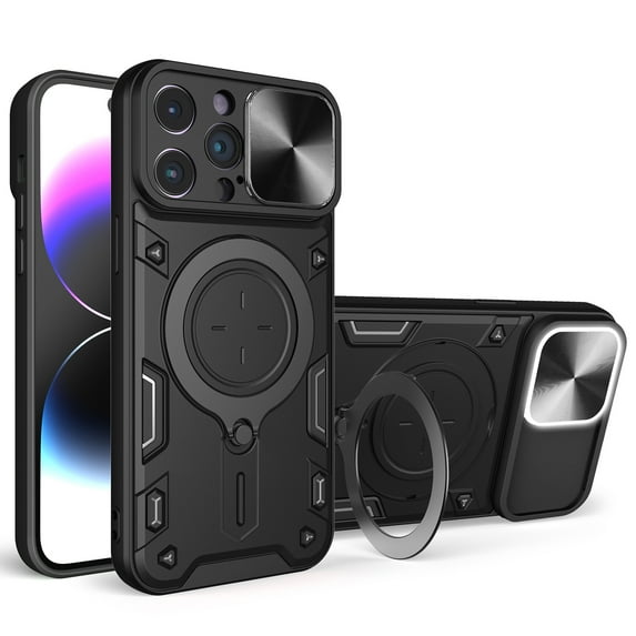TECH CIRCLE Case For iPhone 14, Sliding Lens Protective Rugged Case with Rotating Stand Phone Ring Holder Lightweight Sturdy Shockproof Cover for Apple iPhone 14 6.1" 2022,Black