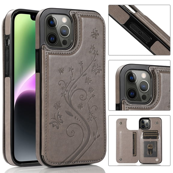 TECH CIRCLE Case for iPhone 15 (2023) Cell Phone - [Embossed Butterfly Tree Design] PU Leather Protective Cute Back Cover Shell Case with Snap Card Holders, Gray