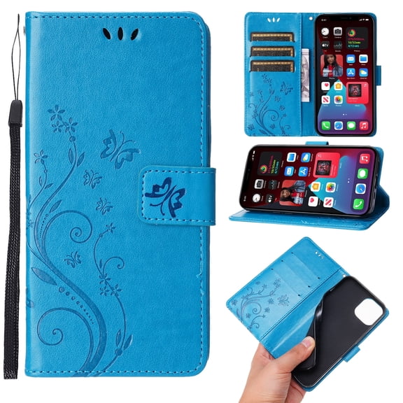 TECH CIRCLE Case for iPhone 15 (2023) - [Embossed Butterfly Pattern] Protective PU Leather Wallet Case with [Card Holder /Wrist Strap] Fold Stand Folio Cute Cover Shell, Blue