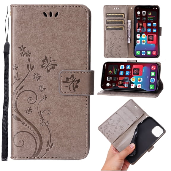 TECH CIRCLE Case for iPhone 15 (2023) - [Embossed Butterfly Tree Pattern] Protective PU Leather Wallet Case with [Card Holder /Wrist Strap] Fold Stand Folio Cute Cover Shell, Gray