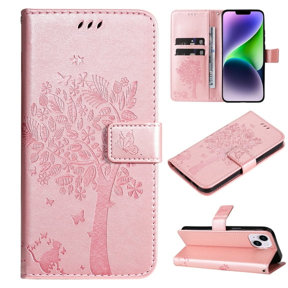 TECH CIRCLE Case for iPhone 15 (2023) - [Embossed Tree Design] Protective PU Leather Wallet Case with [Card Holder /Wrist Strap] Fold Stand Folio Cute Cover Shell, Rosegold
