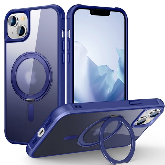 TECH CIRCLE Case for iPhone 15 6.1" 2023 - Translucent Back Sturdy Rotating Kickstand Shell Cover Compatible with MagSafe with Phone Ring Holder, Blue
