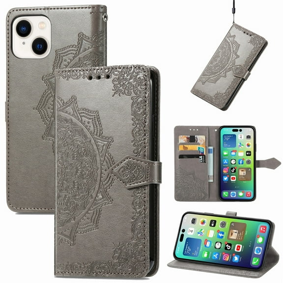 TECH CIRCLE Case for iPhone 15 Plus (2023) - [Embossed Flower Pattern] PU Leather Shell Soft Silicone Back Cover Magnetic Folio Cute Wallet Phone Case with Card Holder/Pocket/Stand Feature, Gray