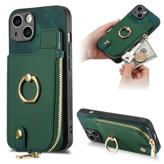 TECH CIRCLE Case for iPhone 15 Plus (6.7-inch) - Practical Wallet Phone Case [Built-in Zipper Pocket & Card Slot] Protective Leather Cover with [Kickstand / Phone Ring Holder], Green