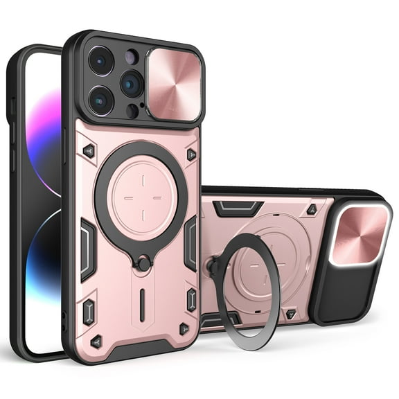 TECH CIRCLE Case For iPhone 15 Plus, Sliding Lens Protective Rugged Case with Rotating Stand Phone Ring Holder Lightweight Sturdy Shockproof Cover for Apple iPhone 15 Plus 6.7" 2023,Pink