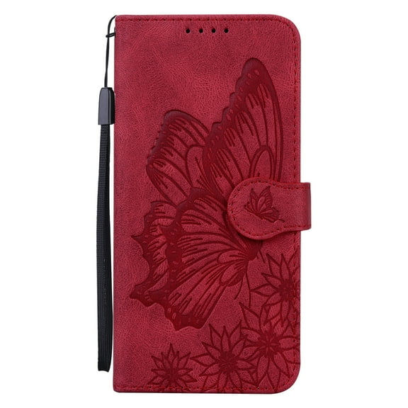 TECH CIRCLE Case for iPhone 15 Pro (2023) - [Embossed Butterfly Pattern] Protective PU Leather Wallet Case with [Card Holder /Wrist Strap] Fold Stand Folio Cute Cover Shell, Red