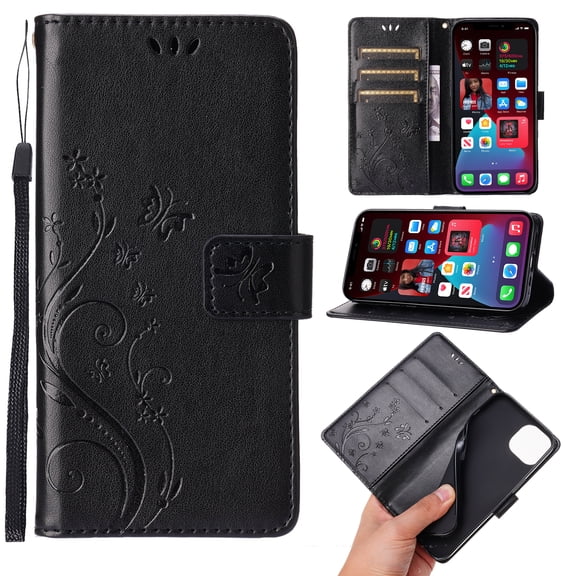 TECH CIRCLE Case for iPhone 15 Pro (2023) - [Embossed Butterfly Tree Pattern] Protective PU Leather Wallet Case with [Card Holder /Wrist Strap] Fold Stand Folio Cute Cover Shell, Black