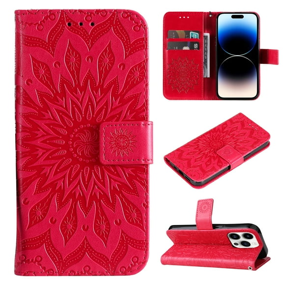 TECH CIRCLE Case for iPhone 15 Pro (2023) - [Embossed Flower Pattern] Protective PU Leather Wallet Case with [Card Holder /Wrist Strap] Fold Stand Folio Cute Cover Shell, Red