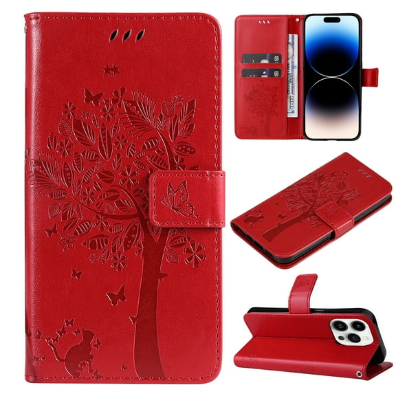 TECH CIRCLE Case for iPhone 15 Pro (2023) - [Embossed Tree Design] Protective PU Leather Wallet Case with [Card Holder /Wrist Strap] Fold Stand Folio Cute Cover Shell, Red
