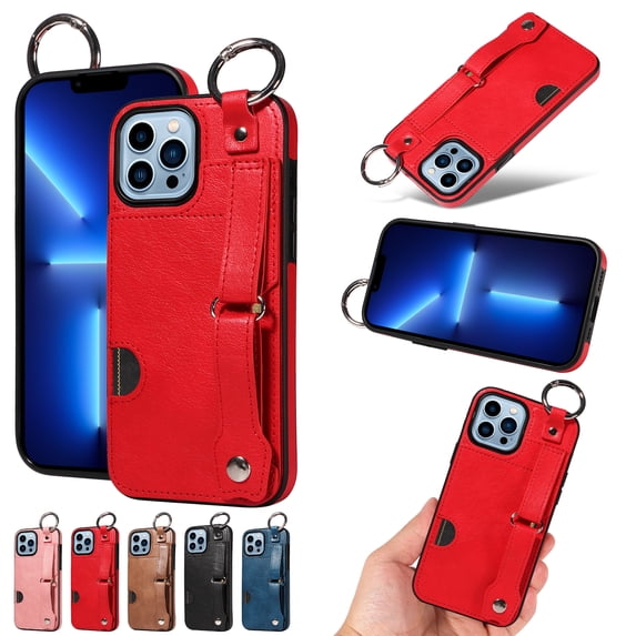 TECH CIRCLE Case for iPhone 15 Pro (6.1") 2023 - Lightweight Leather Phone Case with Stand & Card Holder & Buckle & Hand Strap, Protective Functional Cover, Red