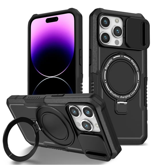 TECH CIRCLE Case for iPhone 15 Pro (6.1") - [Sliding Cover for Camera Protection] [Compatible with MagSafe] Shockproof Multifunctional Shell Case with Hidden Kickstand/Phone Ring Holder,Black