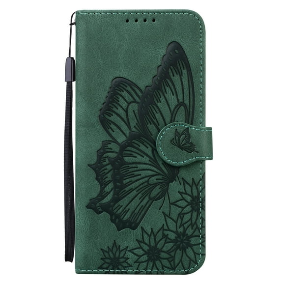 TECH CIRCLE Case for iPhone 15 Pro Max (2023) - [Embossed Butterfly Pattern] Protective PU Leather Wallet Case with [Card Holder /Wrist Strap] Fold Stand Folio Cute Cover Shell, Green
