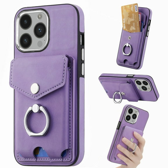 TECH CIRCLE Case for iPhone 15 Pro Max, [Built-in 2 Micro-SIM Card Slots] Slim Soft Shockproof Protective Cover with Ring Holder Stand + Card Holder Pocket + Eject Pin Holder - Lavender