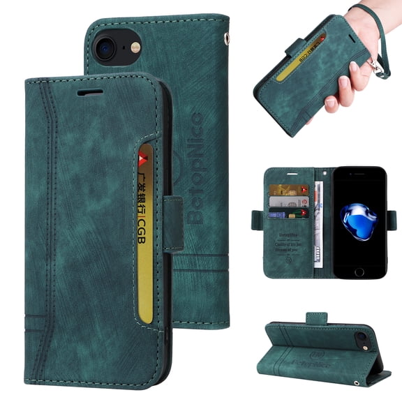 TECH CIRCLE Case for iPhone SE 2022,iPhone SE 2020,iPhone 8,iPhone 7 , Shockproof Premium PU Leather ID Credit Card Holder Wallet Case Magnetic Flip Kickstand Phone Cover with Hand Strap,Green