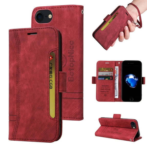 TECH CIRCLE Case for iPhone SE 2022,iPhone SE 2020,iPhone 8,iPhone 7 , Shockproof Premium PU Leather ID Credit Card Holder Wallet Case Magnetic Flip Kickstand Phone Cover with Hand Strap,Red