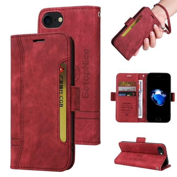 TECH CIRCLE Case for iPhone SE 2022,iPhone SE 2020,iPhone 8,iPhone 7 , Shockproof Premium PU Leather ID Credit Card Holder Wallet Case Magnetic Flip Kickstand Phone Cover with Hand Strap,Red