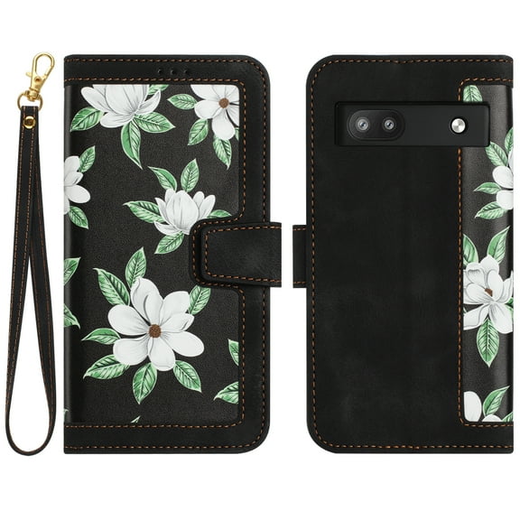 TECH CIRCLE Classic Flower Case for Google Pixel 6a (6.1-inch) 2022 - Protective Lightweight Wallet Phone Case with [Card Slots /Wrist Strap] Fold Stand Portable Cute Leather Cover, Black