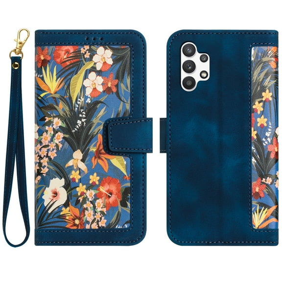 TECH CIRCLE Classic Flower Case for Samsung Galaxy A13 4G (6.5-inch) 2022 - Protective Lightweight Wallet Phone Case with [Card Slots /Wrist Strap] Fold Stand Portable Cute Leather Cover, Darkblue