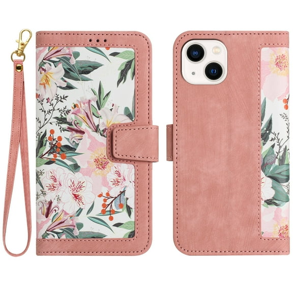 TECH CIRCLE Classic Flower Case for iPhone 14 (6.1-inch) 2022 - Protective Lightweight Wallet Phone Case with [Card Slots /Wrist Strap] Fold Stand Portable Cute Leather Cover, Pink