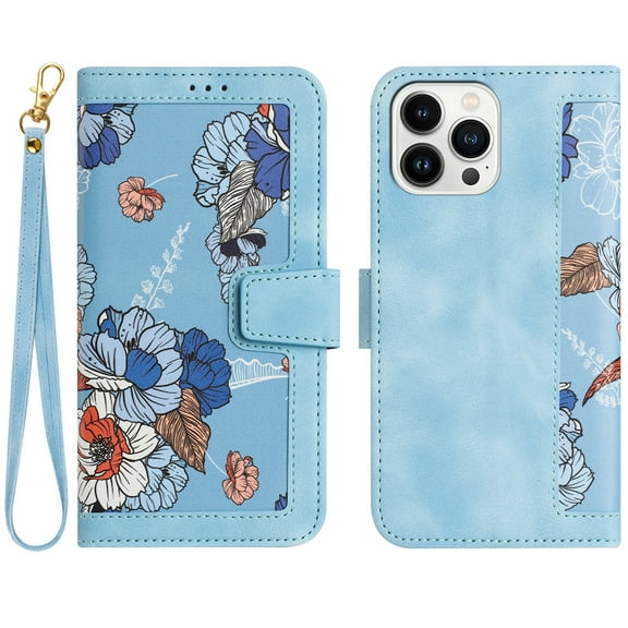 TECH CIRCLE Classic Flower Case for iPhone 14 Pro (6.1-inch) 2022 - Protective Lightweight Wallet Phone Case with [Card Slots /Wrist Strap] Fold Stand Portable Cute Leather Cover, Blue