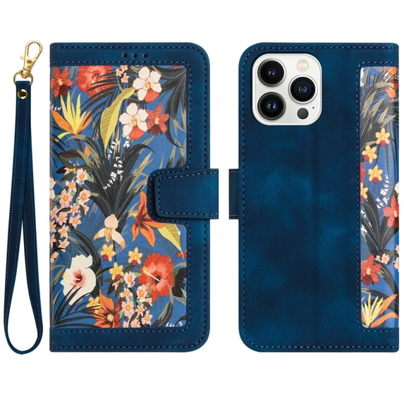TECH CIRCLE Classic Flower Case for iPhone 16 Plus 6.7" 2024, PU Leather Protective Lightweight Wallet Phone Case with Card Slots Shoulder Wrist Strap Fold Stand Portable Girl Cover,Darkblue