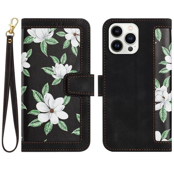 TECH CIRCLE Classic Flower Case for iPhone 16 Plus 6.7" 2024, PU Leather Protective Lightweight Wallet Phone Case with Card Slots Shoulder Wrist Strap Fold Stand Portable Girl Cover,Black